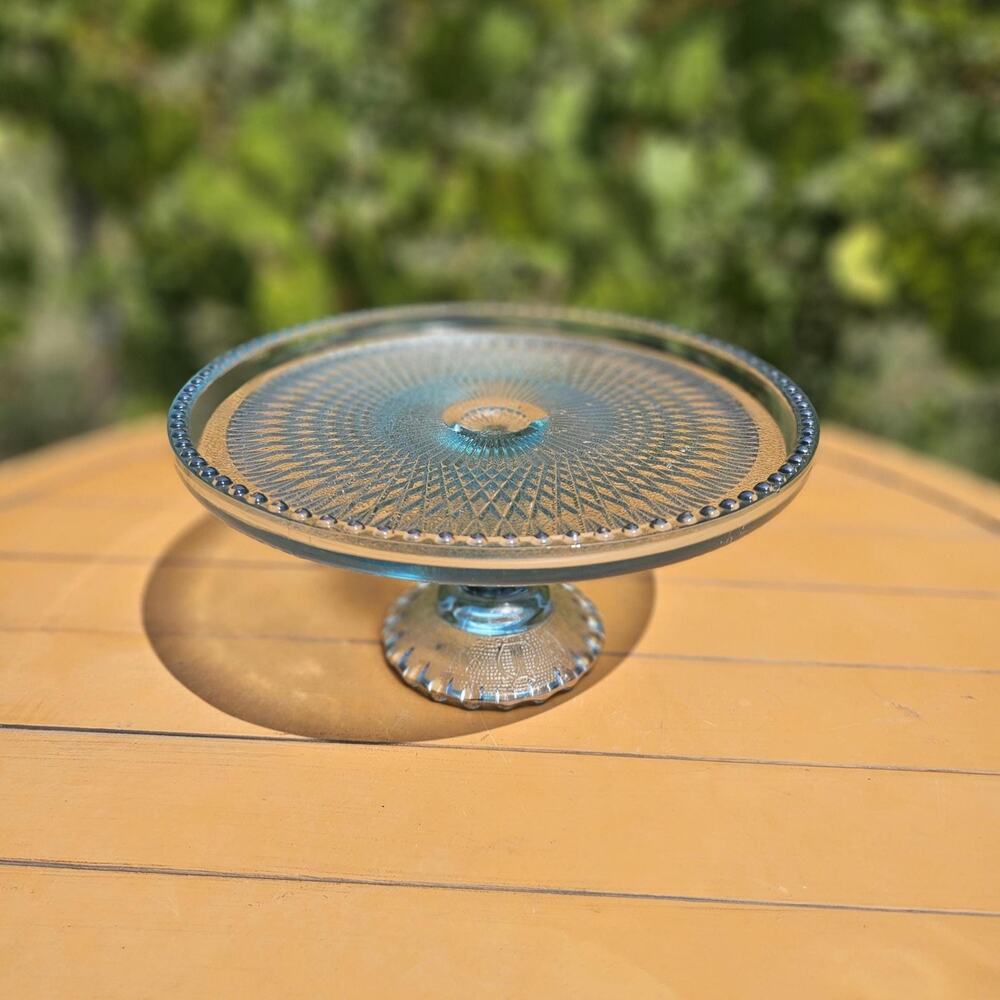 Vintage Jeanette Glass Ice Blue Harp Pedestal Cake Stand